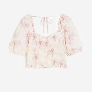 H&M Floral Puff Sleeve Blouse in Cream and Pink Large Feminine Cottagecore